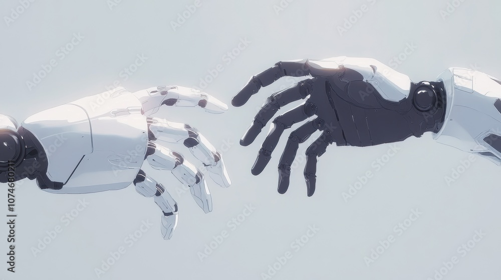 Poster A human hand extends towards a robotic hand, illustrating the merging of technology and humanity in a moment of connection. Generative AI