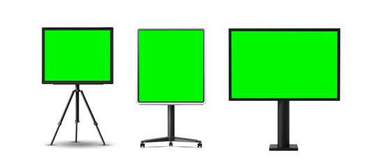 Set of Three Display Stands with Green Screens on White Background © ZinetroN