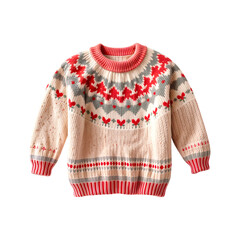 Warm red and white knitted winter, New Year, Christmas sweater with print on a transparent background