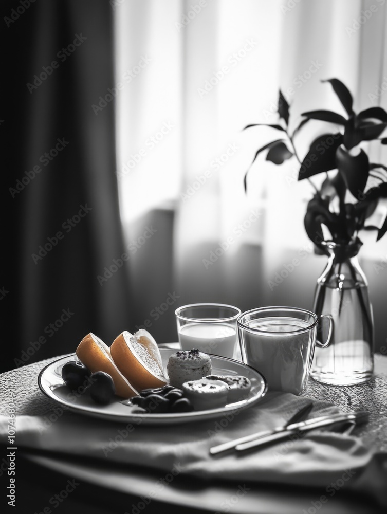 Poster plate of fruit and cheese is set on a table with a vase of flowers in the background. the table sett