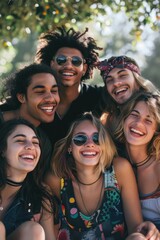 Fototapeta premium A happy group of young people laughing together, enjoying the outdoors. They are dressed casually and have sunglasses on. This image conveys a sense of fun, friendship, and shared joy.