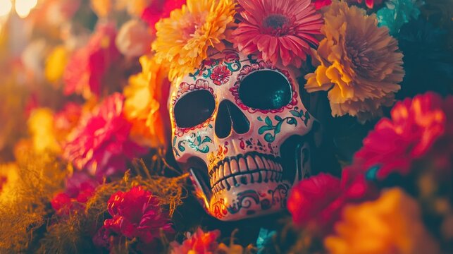 Celebratory Day of the Dead decoration with traditional skull and vividly colored flowers on background.