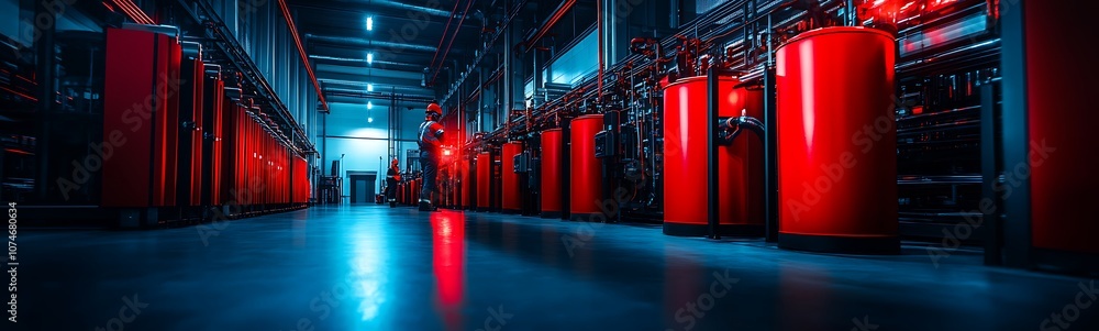 Aufkleber a modern industrial space with illuminated red cylinders and a blue-lit ambiance, creating a captiva