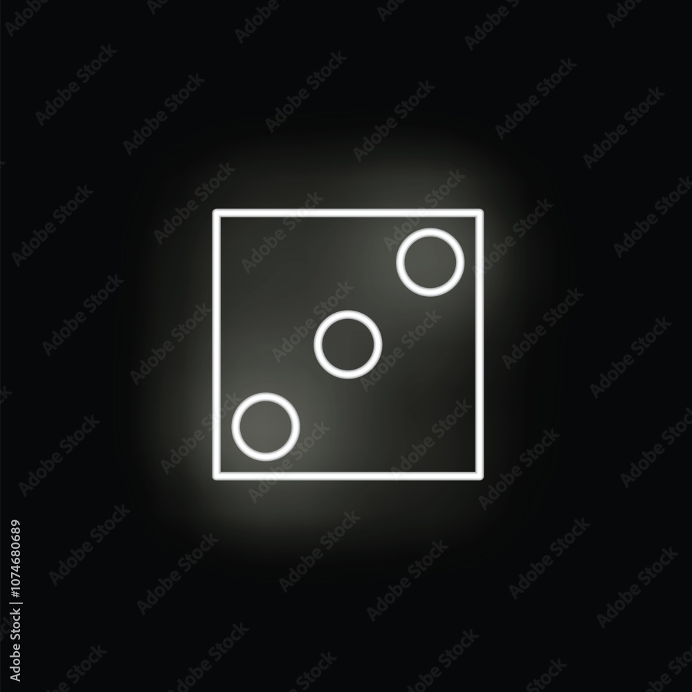 Poster neon icon of a dice showing the number three is glowing on a black background