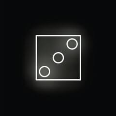 Neon icon of a dice showing the number three is glowing on a black background