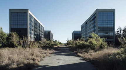 Obraz premium Eerie Panoramic Ghost Town: Abandoned Office Park in Economic Decline