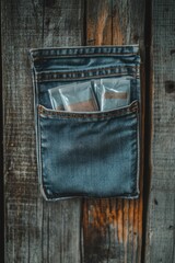 A blue jeans wallet pocket with a zippered compartment, filled with items and sitting on a wooden background. The wallet is worn in style, suggesting fashion and casual wear.