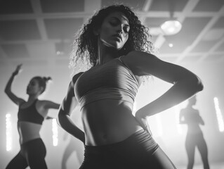 A woman lead exercising, a group of dancers in a gym setting