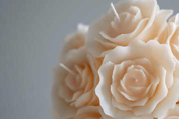 Close-up of a bouquet of candles resembling a bouquet of roses on a neutral background