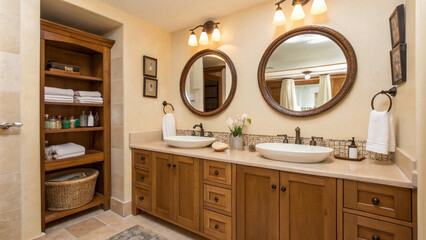 modern bathroom interior.Cozy beige bathroom with dual sinks, round mirrors above each, and warm wooden accents on the cabinets and shelving