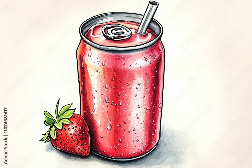 Poster can of soda with a straw in it and a strawberry on top. concept of refreshment and enjoyment, as the