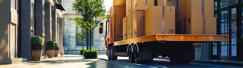 A large truck filled with boxes on the back is driving along a busy city street