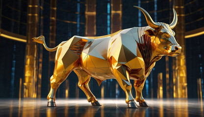 Golden, geometric bull sculpture with a stock market chart backdrop, symbolizing financial growth and a bullish market trend.