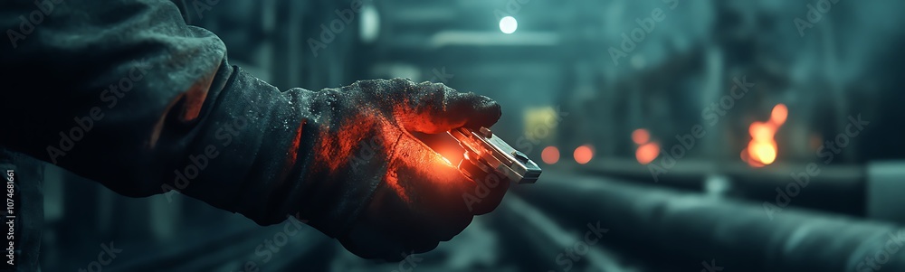 Poster a hand in a dark industrial setting holds a glowing object, surrounded by smoke and flames, creating