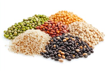 A colorful assortment of beans, rice, pulses and spices for culinary purposes.