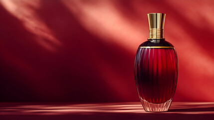 Red Perfume Bottle with Gold Cap on Red Background - 3D Illustration