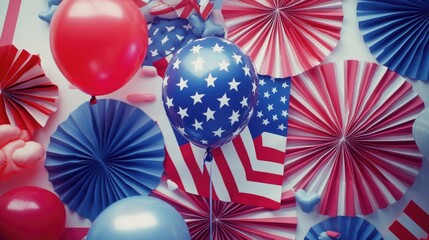 Obraz premium American patriotic celebration with red, white and blue balloons and confetti.