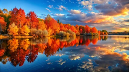 Fototapeta premium Autumnal Serenity Vivid Reflections of Red and Yellow Trees Mirrored in a Still Lake Under a Cloudy Sky