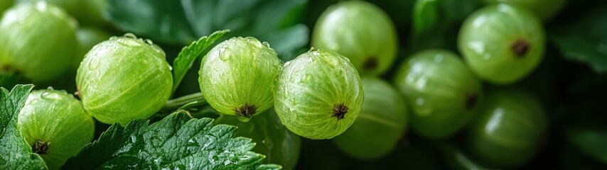 Fresh green gooseberries surrounded by vibrant leaves, showcasing nature's beauties and healthy eating.
