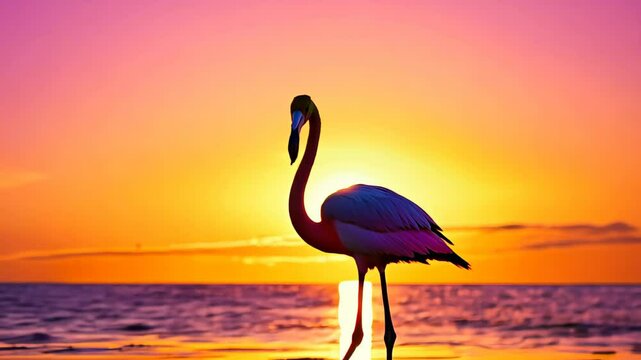 A full-body pink flamingo against the backdrop of a sunset and ocean. Concept: exotic animals.