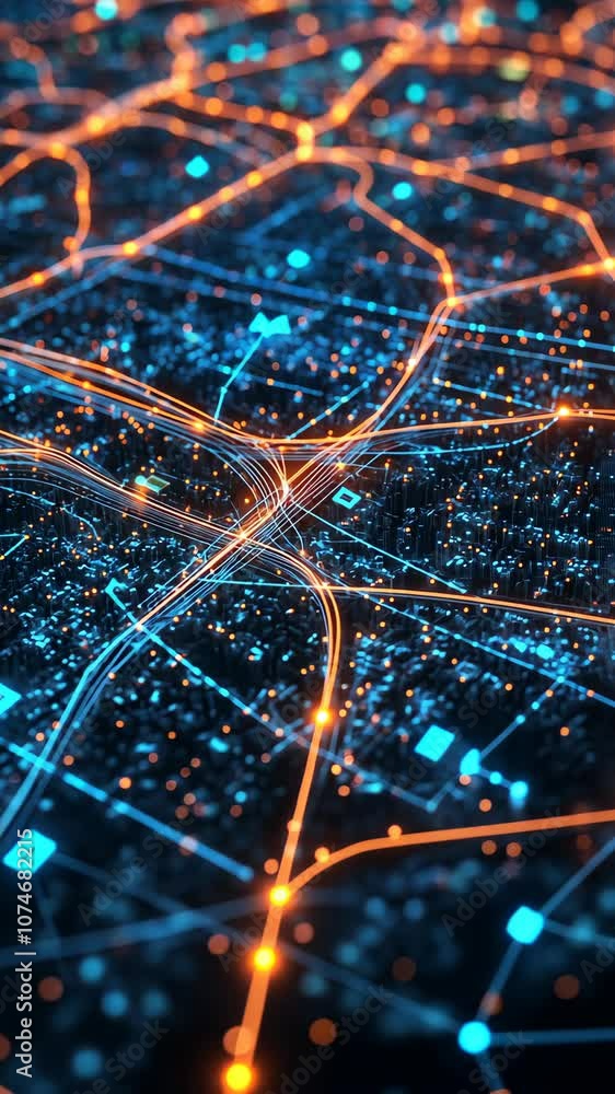 Poster a digital representation of a city with glowing lines and dots representing connections