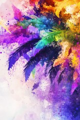 Vivid palm trees in a colorful abstract beach scene with spray paint splatters and vivid tropical colors.