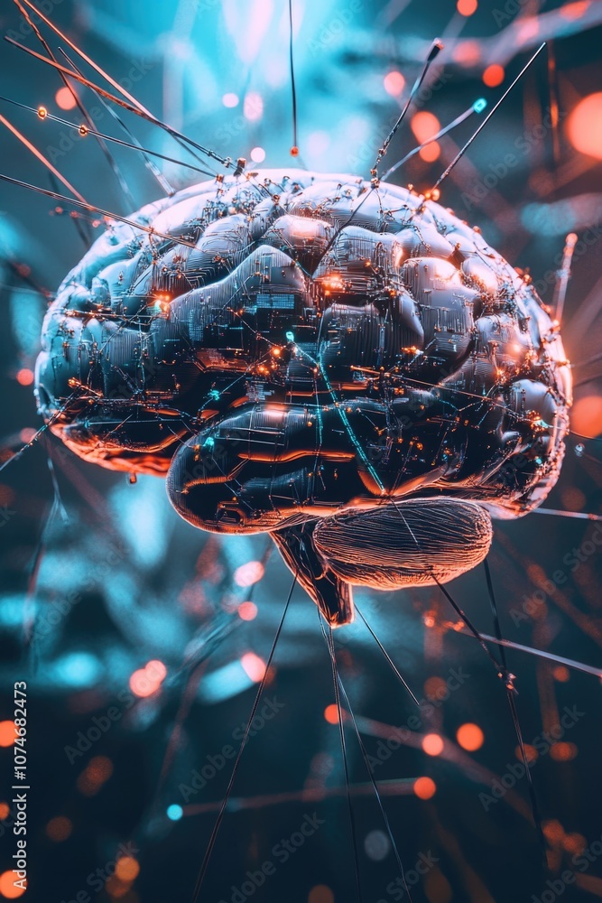 Poster a human brain embedded with circuitry
