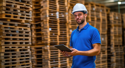 A man in a blue polo shirt and hard hat inspects bricks on pallets with a tablet, monitoring defects and inventory for construction projects, digital tools for materials management, quality assurance,
