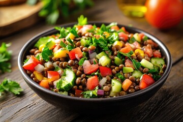 A colorful, fresh hummus salad with chickpeas, cucumber and tomatoes