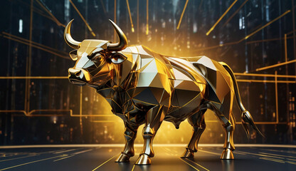 Golden, geometric bull sculpture with a stock market chart backdrop, symbolizing financial growth and a bullish market trend.