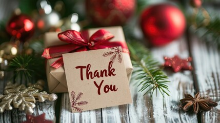 paper tag with words thank you on christmas background