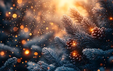 Fototapeta premium Pine Tree Adorned with Twinkling Lights for Festive Glow