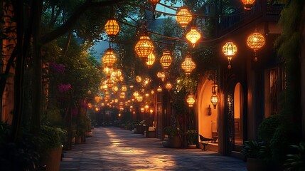 A dimly lit street lined with lanterns and plants, inviting you to explore its secrets.