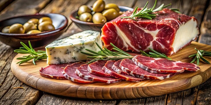 A rustic wooden cutting board with a selection of gourmet cured meat, blue cheese and olives, accented by sprigs of rosemary. - Powered by Adobe
