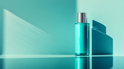 Teal Bottle with Metallic Cap on Shelf in Sunlight - Product Photography