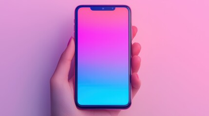 Modern smartphone held in hand with vibrant gradient background, showcasing technology and design innovation for digital and mobile applications