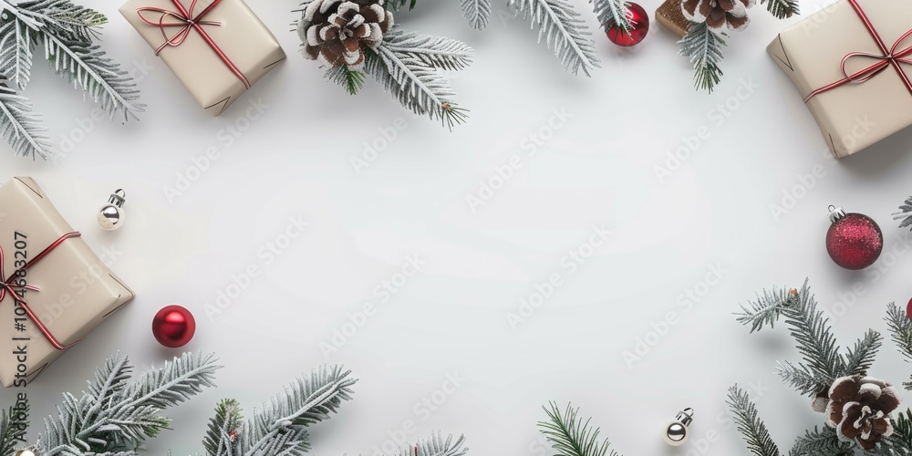 Poster white background with a christmas tree and presents. the presents are wrapped in brown paper and are