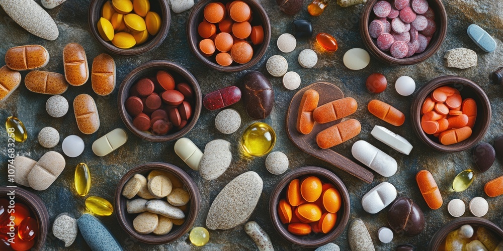 Poster variety of pills and supplements are spread out on a table. the pills are in different shapes and si