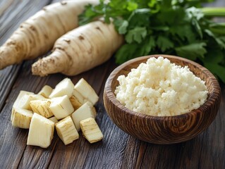 Fresh parsley, white parsnip, and chopped parsnip cubes arranged in a rustic wooden bowl on a wooden table.