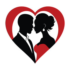 Black Romantic Couple Silhouette Behind Heart Shape Vector Illustration Art