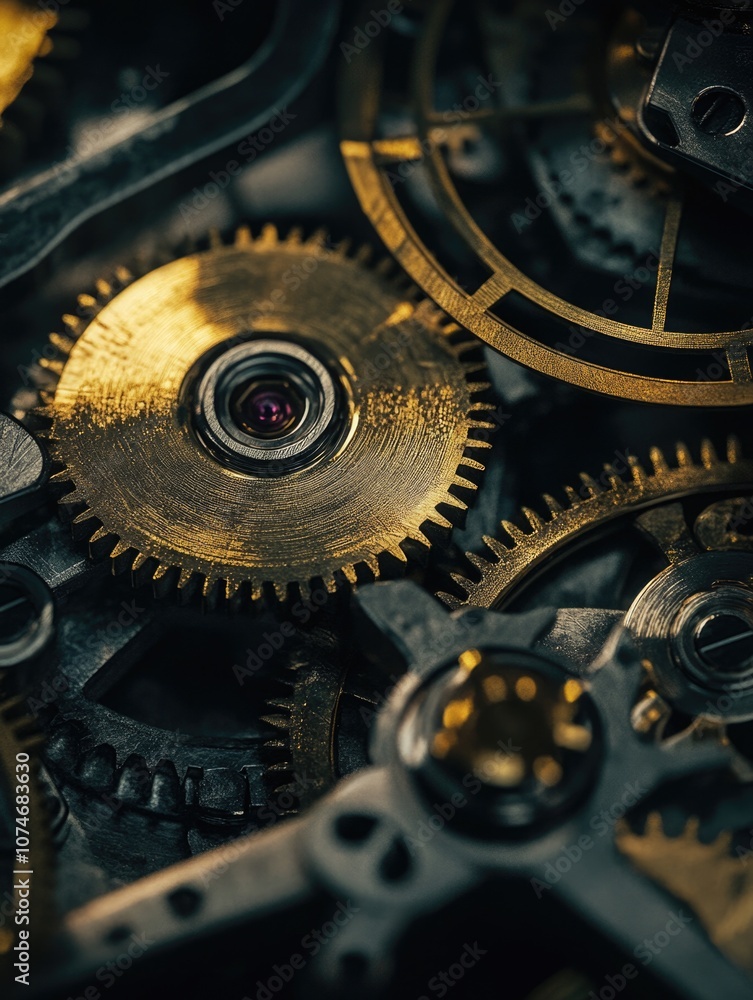 Poster intricate, gold-toned mechanical clock with multiple gears and cogs, indicative of precision enginee