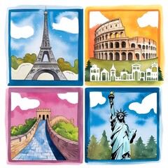 Watercolor card with four equally sized squares, Eiffel Tower, Colosseum, Great Wall of China, Statue of Liberty 