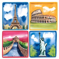 Watercolor card with four equally sized squares, Eiffel Tower, Colosseum, Great Wall of China, Statue of Liberty 