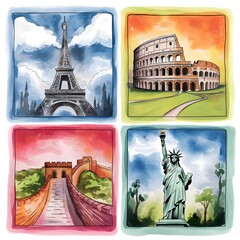 Watercolor card with four equally sized squares, Eiffel Tower, Colosseum, Great Wall of China, Statue of Liberty 