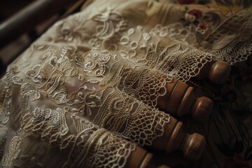 The intricate details of the lace dress. The delicacy of the embroidery and the quality craftsmanship are evident.