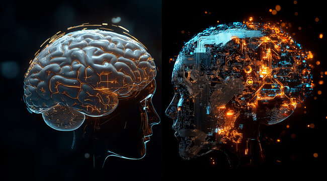 A side-by-side comparison of the human brain and artificial intelligence, highlighting their common structure but showing how AI technology has taken on new shapes with glowing cir