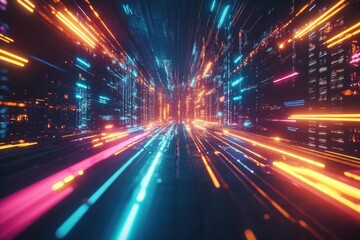 Fototapeta premium Vivid neon lights streak through a tunnel, creating a blurred digital motion effect. Modern and abstract technology background with vibrant colors.