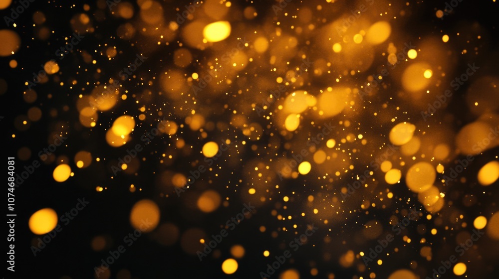 Poster blurry image of gold sparks with a black background. concept of movement and energy, as if the spark