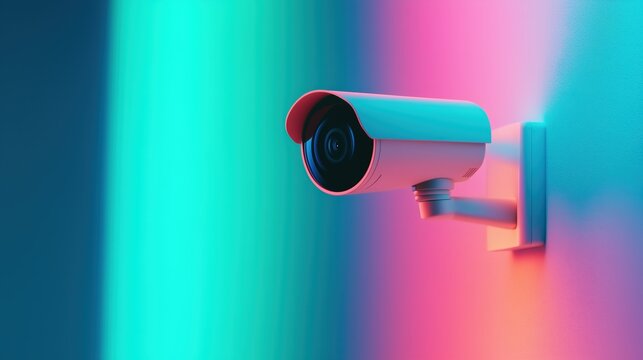 A modern security camera mounted on a wall, illuminated by colorful lights, emphasizing surveillance technology and contemporary design.