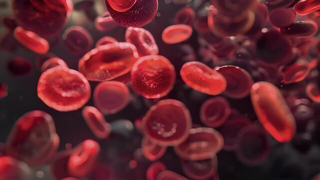 A microscopic image of a developing erythrocyte in the midst of hemoglobin synthesis showcasing the vibrant red color.